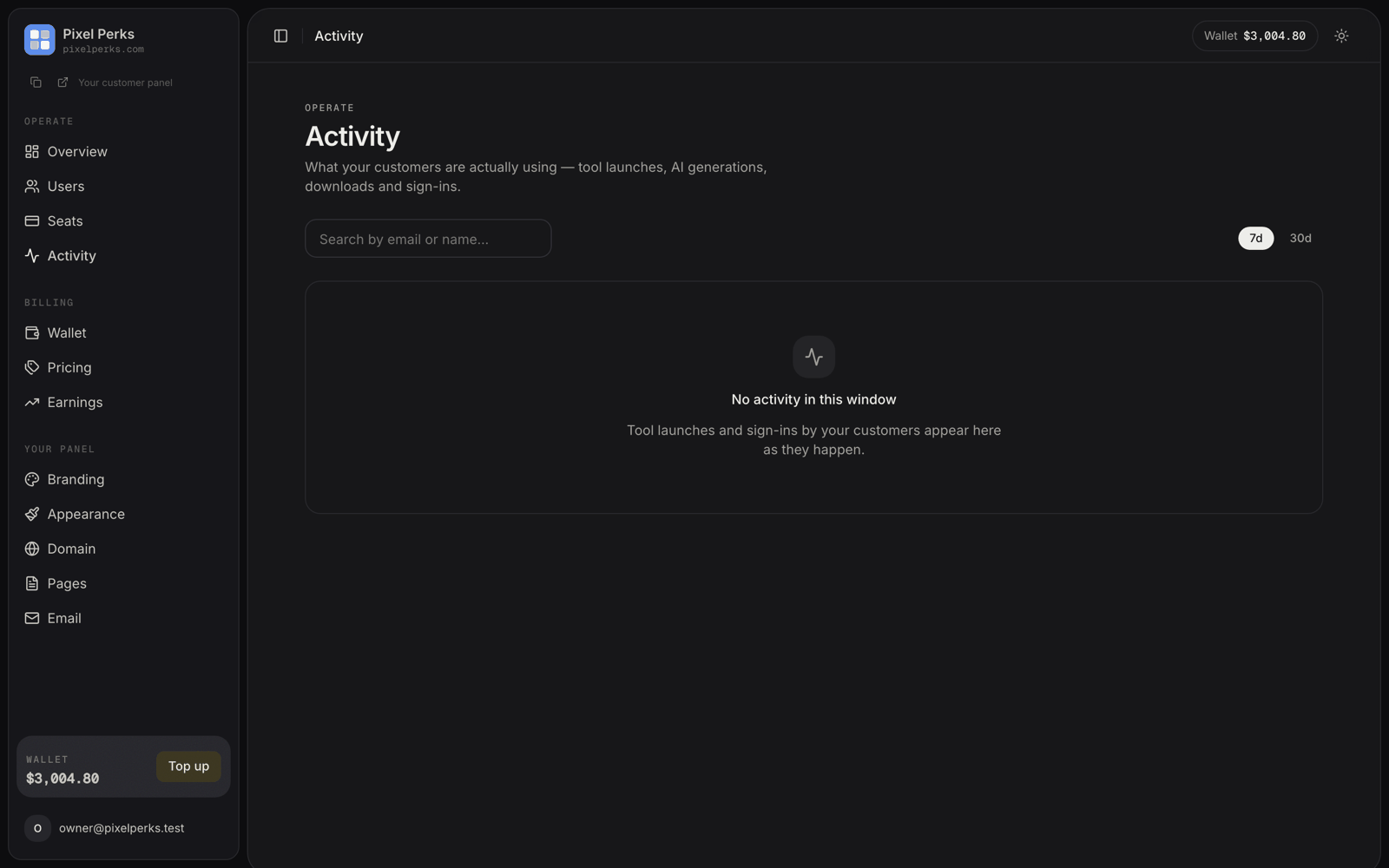 The Activity page showing customer tool usage and sign-in events
