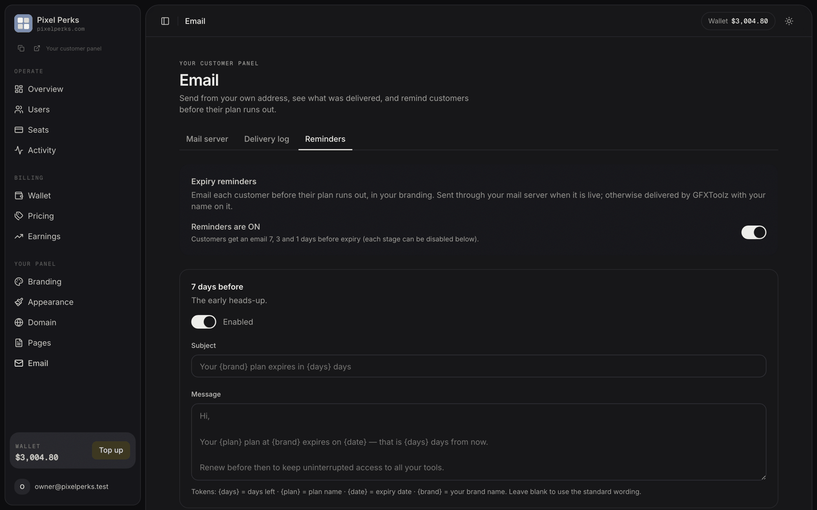 The Reminders tab showing the master switch and editable 7-day, 3-day and 1-day stages